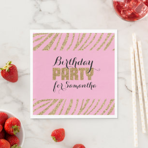 Pink Gold Zebra Print Faux Glitter Birthday Napkin