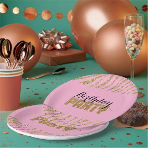 Pink Gold Zebra Print Faux Glitter Birthday Paper Plate