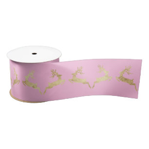 Pink Golden Christmas Holidays Decor Reindeer Satin Ribbon