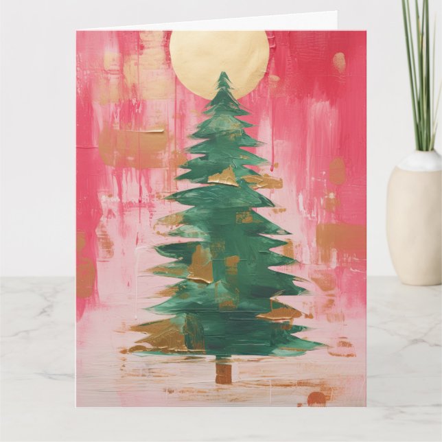 Pink Golden Christmas Tree Card (Front)
