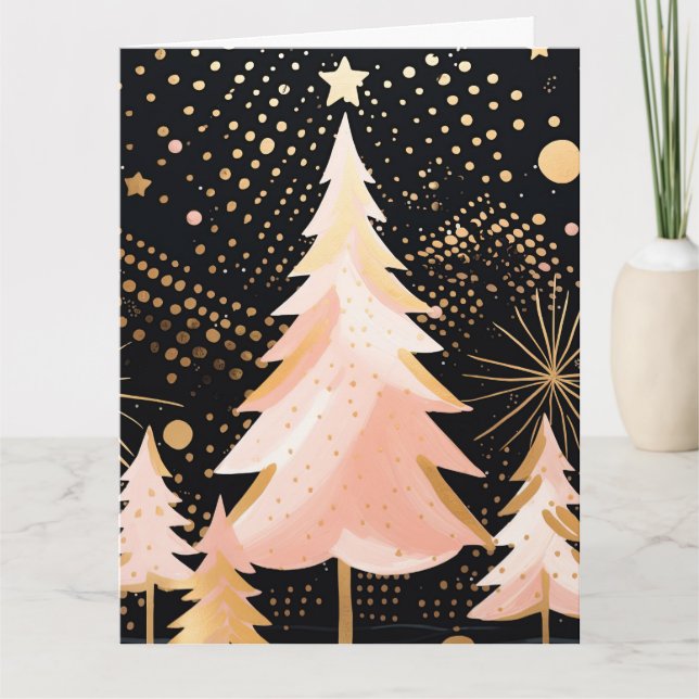 Pink Golden Christmas Tree Card (Front)