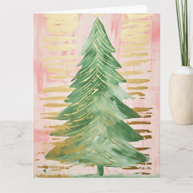Pink Golden Christmas Tree Card (Front)
