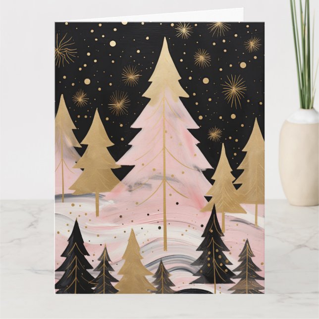 Pink Golden Christmas Tree Card (Front)