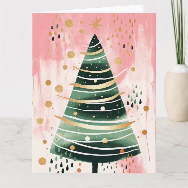 Pink Golden Christmas Tree Card (Front)