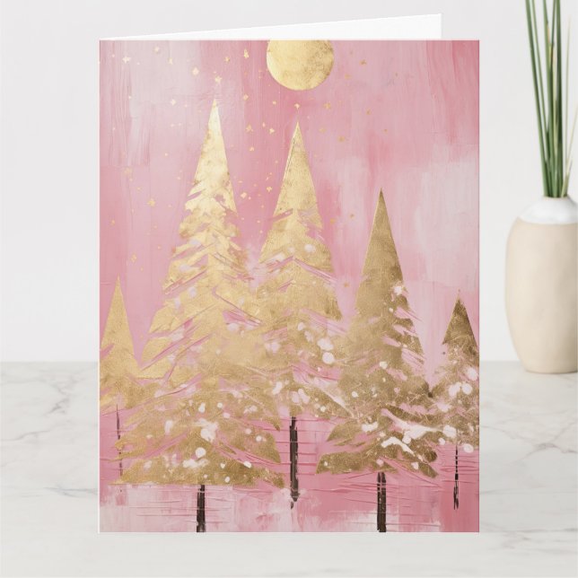 Pink Golden Christmas Tree Card (Front)