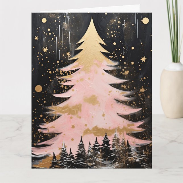Pink Golden Christmas Tree Card (Front)