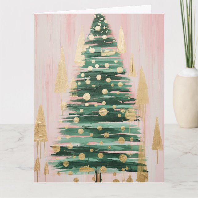 Pink Golden Christmas Tree Card (Front)