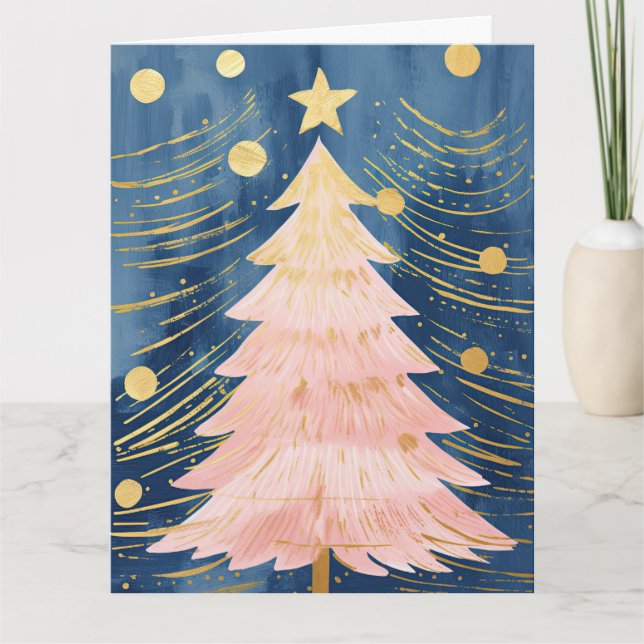 Pink Golden Christmas Tree Card (Front)