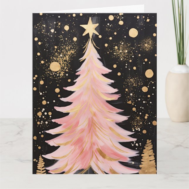 Pink Golden Christmas Tree Card (Front)