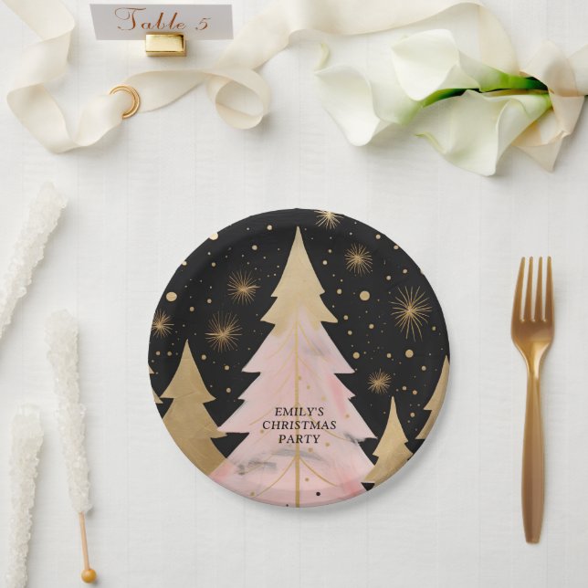 Pink Golden Christmas Tree Paper Plate (Wedding)