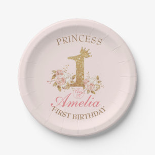 Pink Golden Crown Princess 1st Birthday Party  Paper Plate