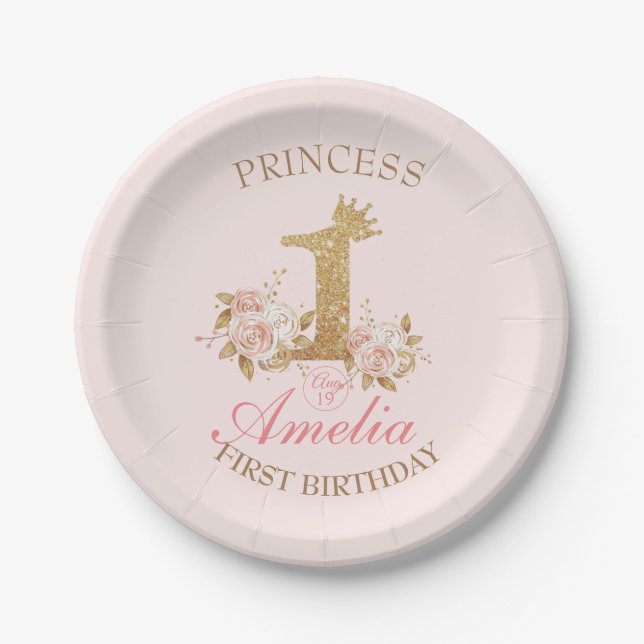 Pink Golden Crown Princess 1st Birthday Party  Paper Plate (Front)