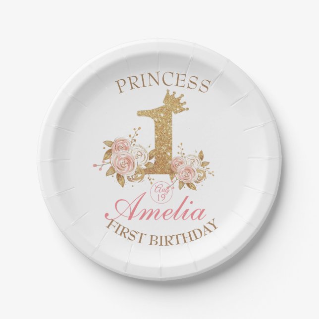 Pink Golden Crown Princess 1st Birthday Party  Paper Plate (Front)