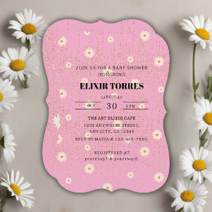 Pink Golden Daisy Glitter Glow Baby Shower Invitation