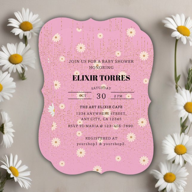 Pink Golden Daisy Glitter Glow Baby Shower Invitation (Creator Uploaded)