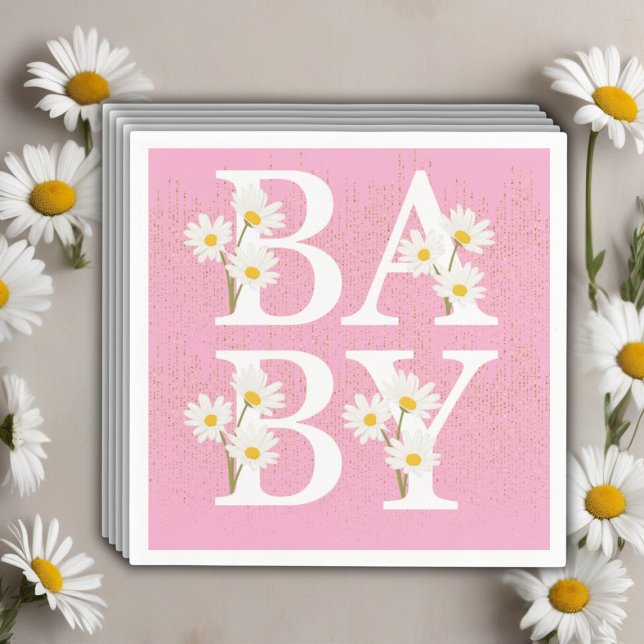Pink Golden Daisy Glitter Glow Baby Shower Napkin (Creator Uploaded)