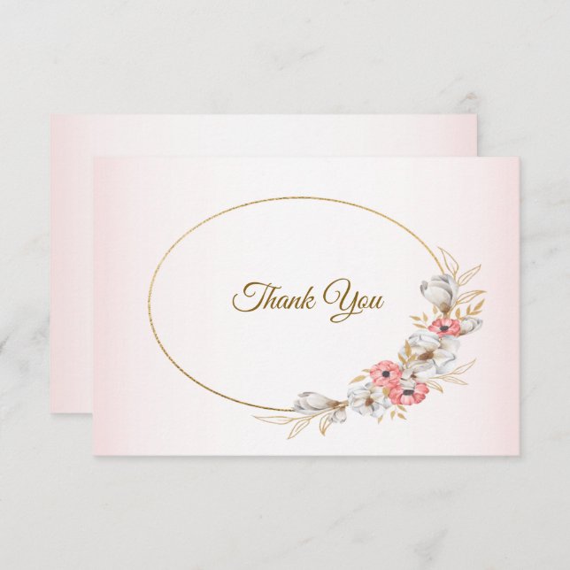 Pink Golden Floral Geometric Peach Wedding Thank You Card (Front/Back)