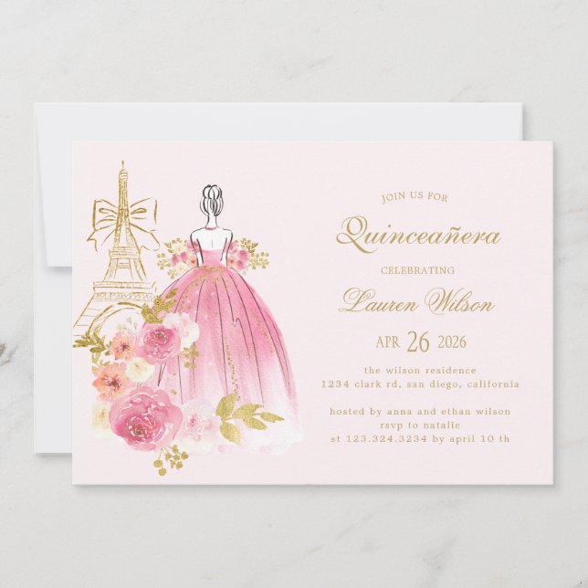 Pink Golden Floral Paris Chic Quinceanera Invitation (Front)