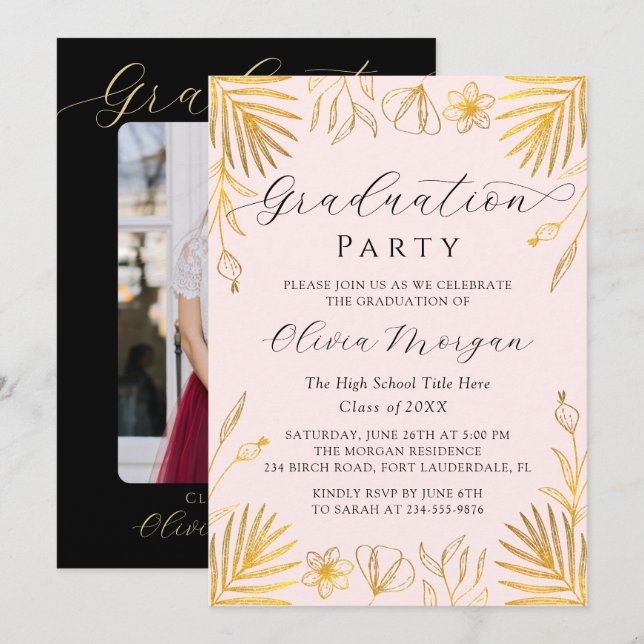 Pink Golden Floral Script Graduation Party Photo Invitation (Front/Back)
