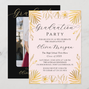 Pink Golden Floral Script Graduation Party Photo Invitation
