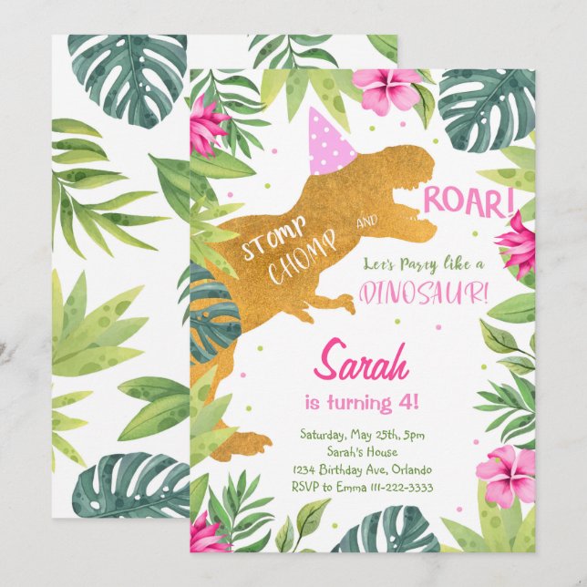 Pink Golden Glitter Dinosaur Girls Birthday Invite (Front/Back)