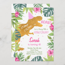 Pink Golden Glitter Dinosaur Girls Birthday Invite