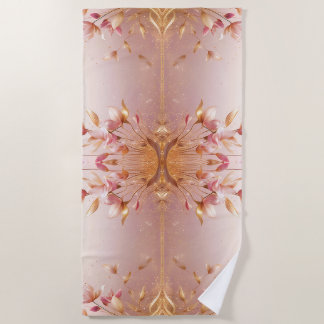 Pink Golden Leaves Floral Beach Towel