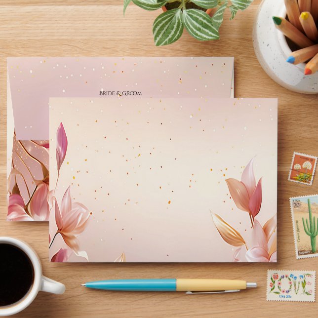 Pink Golden Leaves Floral Envelope (Desk)