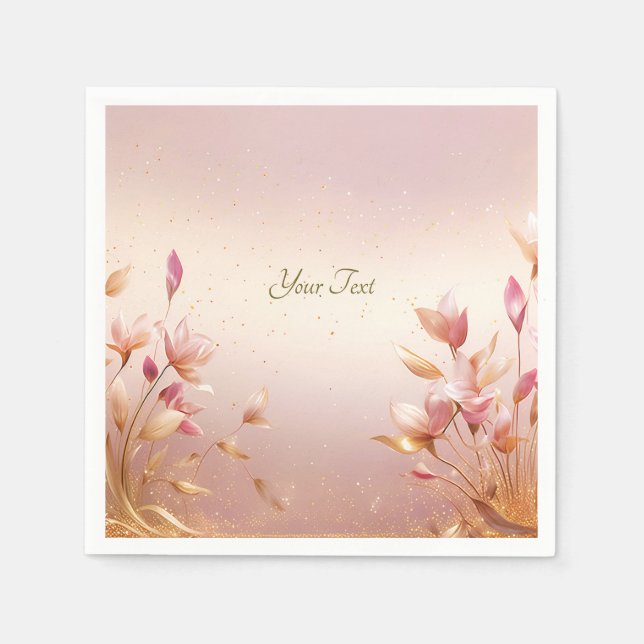 Pink Golden Leaves Floral Napkins (Front)