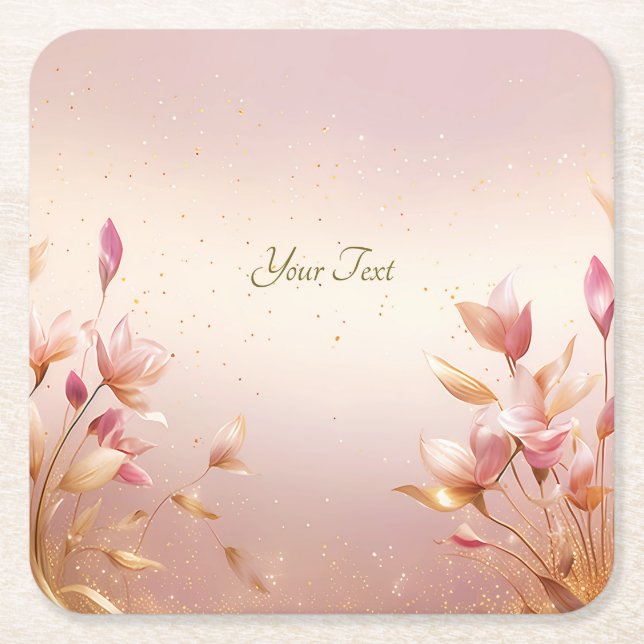 Pink Golden Leaves Floral Paper Coaster (Front)