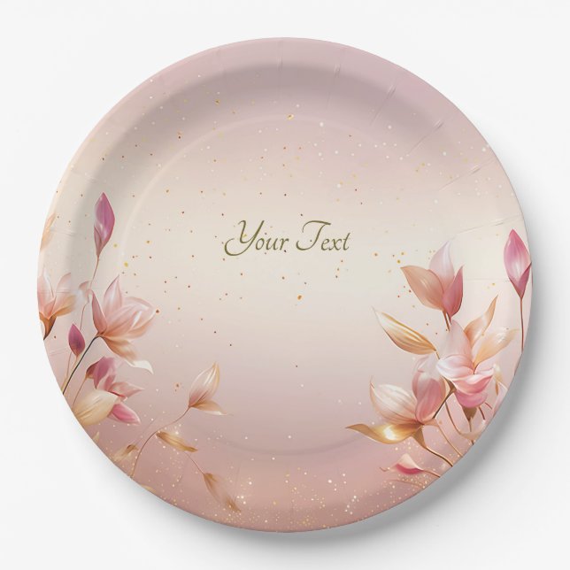 Pink Golden Leaves Floral Paper Plate (Front)