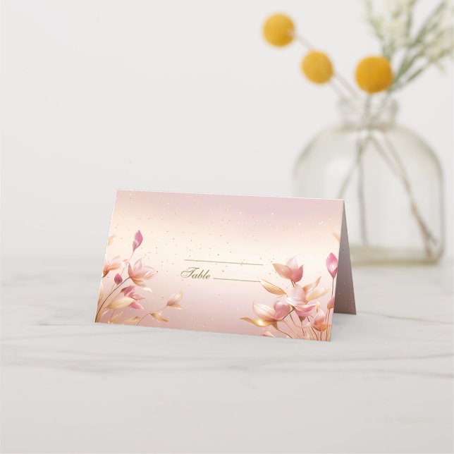 Pink Golden Leaves Floral Place Card (Front)