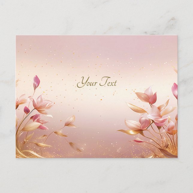 Pink Golden Leaves Floral Postcard (Front)