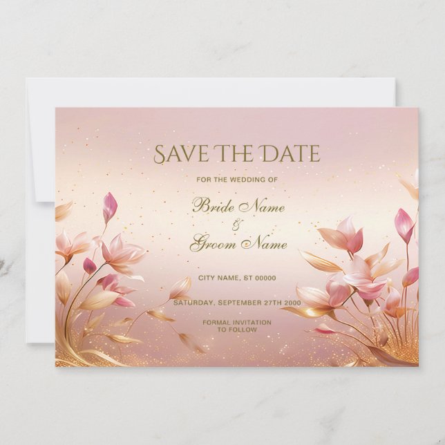 Pink Golden Leaves Floral Save The Date (Front)