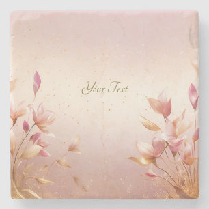 Pink Golden Leaves Floral Stone Coaster