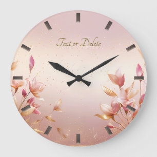 Pink Golden Leaves Floral Wall Clock