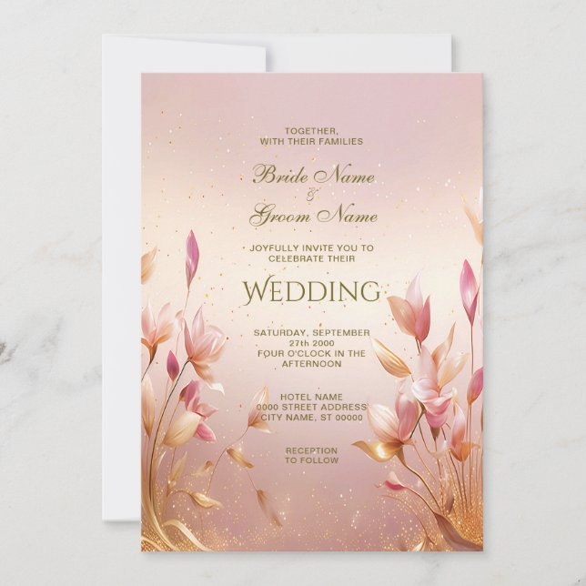 Pink Golden Leaves Floral Wedding Invitation (Front)