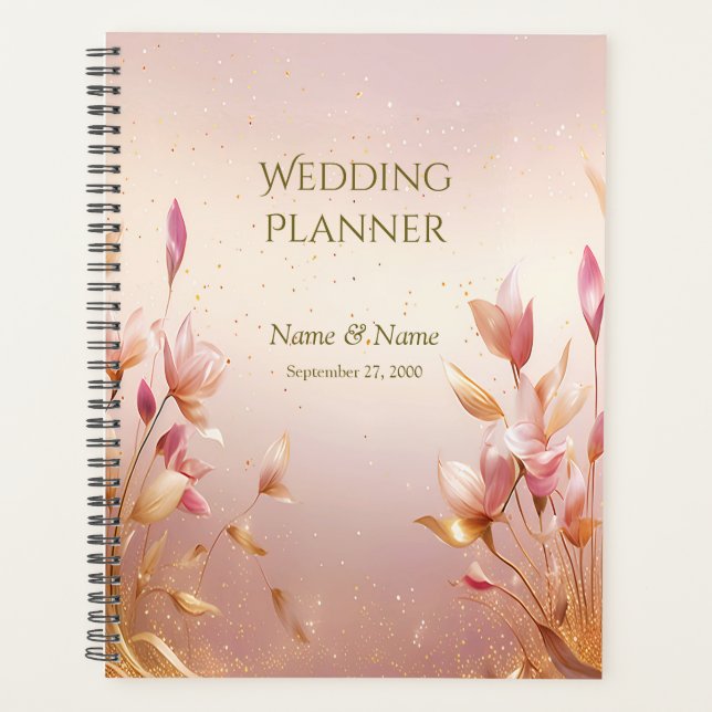 Pink Golden Leaves Floral Wedding Planner (Front)