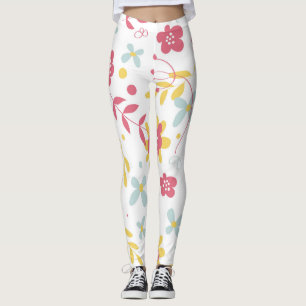 Pink, Golden & Light Blue Flowers Pattern Leggings