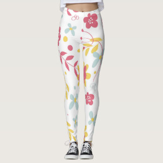 Pink, Golden & Light Blue Flowers Pattern Leggings