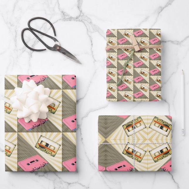 Pink + Golden Pop Art Cassettes Wrapping Paper She (Front)