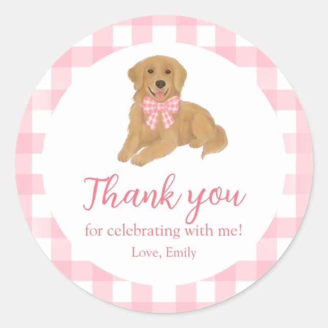 Pink Golden Retriever Birthday Thank You Favour Classic Round Sticker (Front)