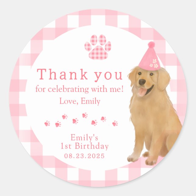 Pink Golden Retriever First Birthday Party Favour Classic Round Sticker (Front)