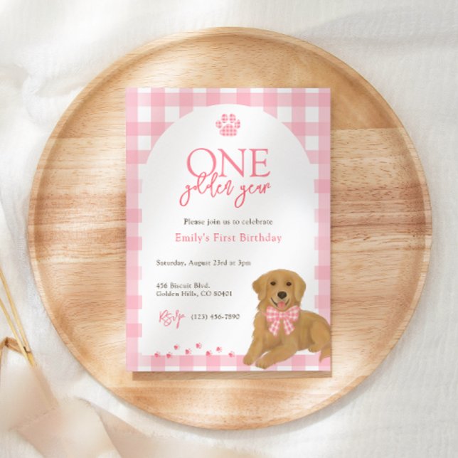 Pink Golden Retriever One Golden Year birthday Invitation (Creator Uploaded)