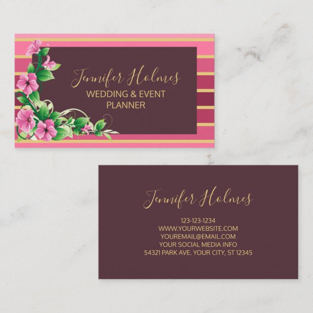 Pink Golden Stripes Lines Floral Business Card (Front/Back)