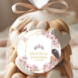 Pink Golden Tiara Butterfly Quinceañera Classic Round Sticker