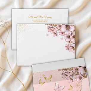 Pink Golden Tiara Butterfly Quinceañera Envelope