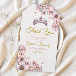 Pink Golden Tiara Butterfly Quinceañera Gift Tags