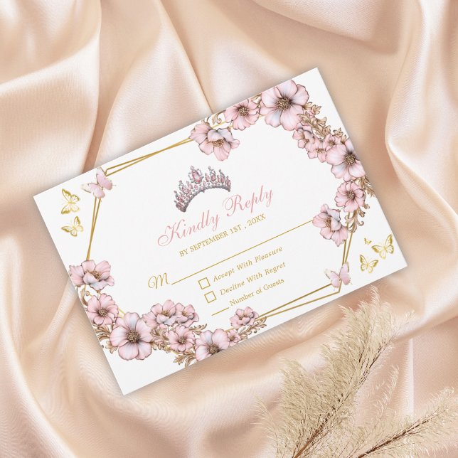 Pink Golden Tiara Butterfly Quinceañera RSVP Card (Creator Uploaded)