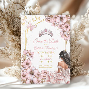 Pink Golden Tiara Butterfly Quinceañera Save The Date